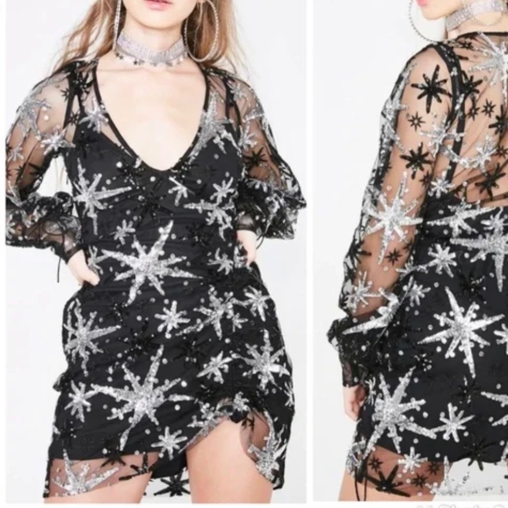 For Love & Lemons Black Mini Dress with Silver Star Embellishments Stardust - Picture 2 of 4